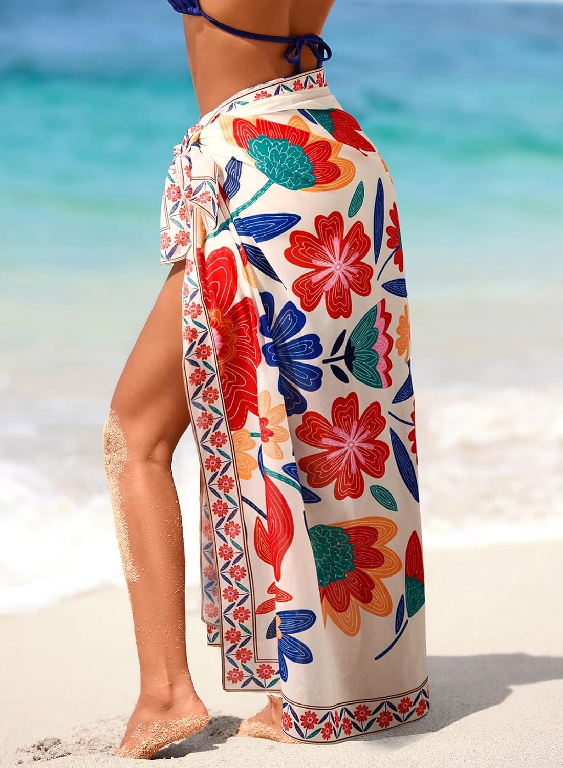 Herseas Women Sheer Sarong High Slit One Size Swimsuit Coverups 2026 Summer Floral Print Chiffon Wraps Beach Cover Up - Image 3