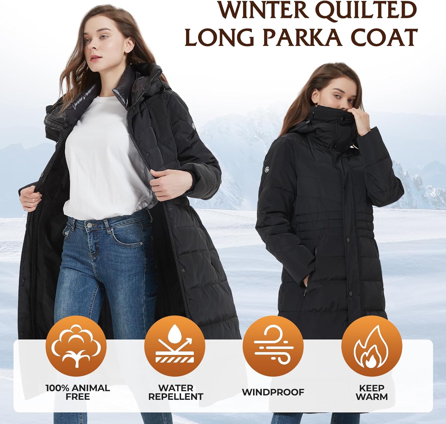 IKAZZ Women's Winter Coats, Thickened Warm Insulated Vegan Down Long Parka Jacket with Hood - Image 2