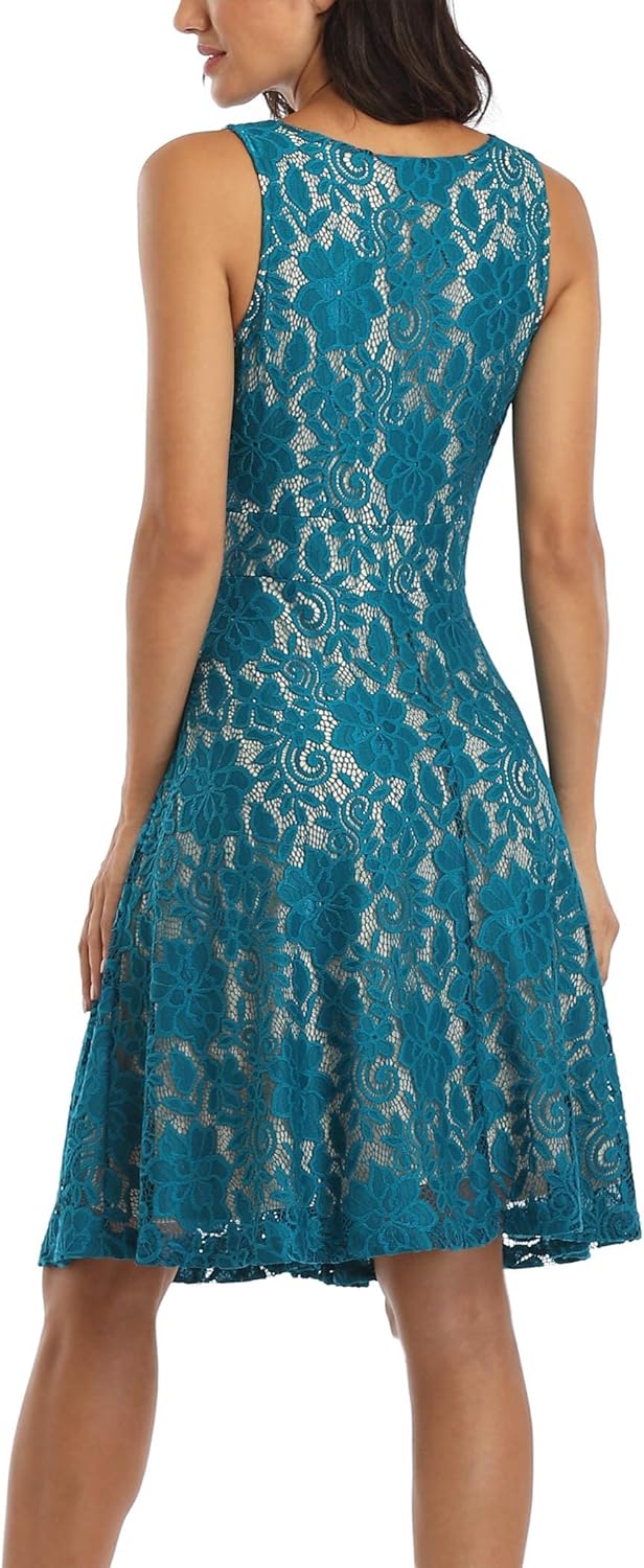 MISS MOLY Women's Floral Lace Overlay Fit and Flare Dress Sexy V-Neck Knee Length Elegant Party Wedding Dress - Image 5
