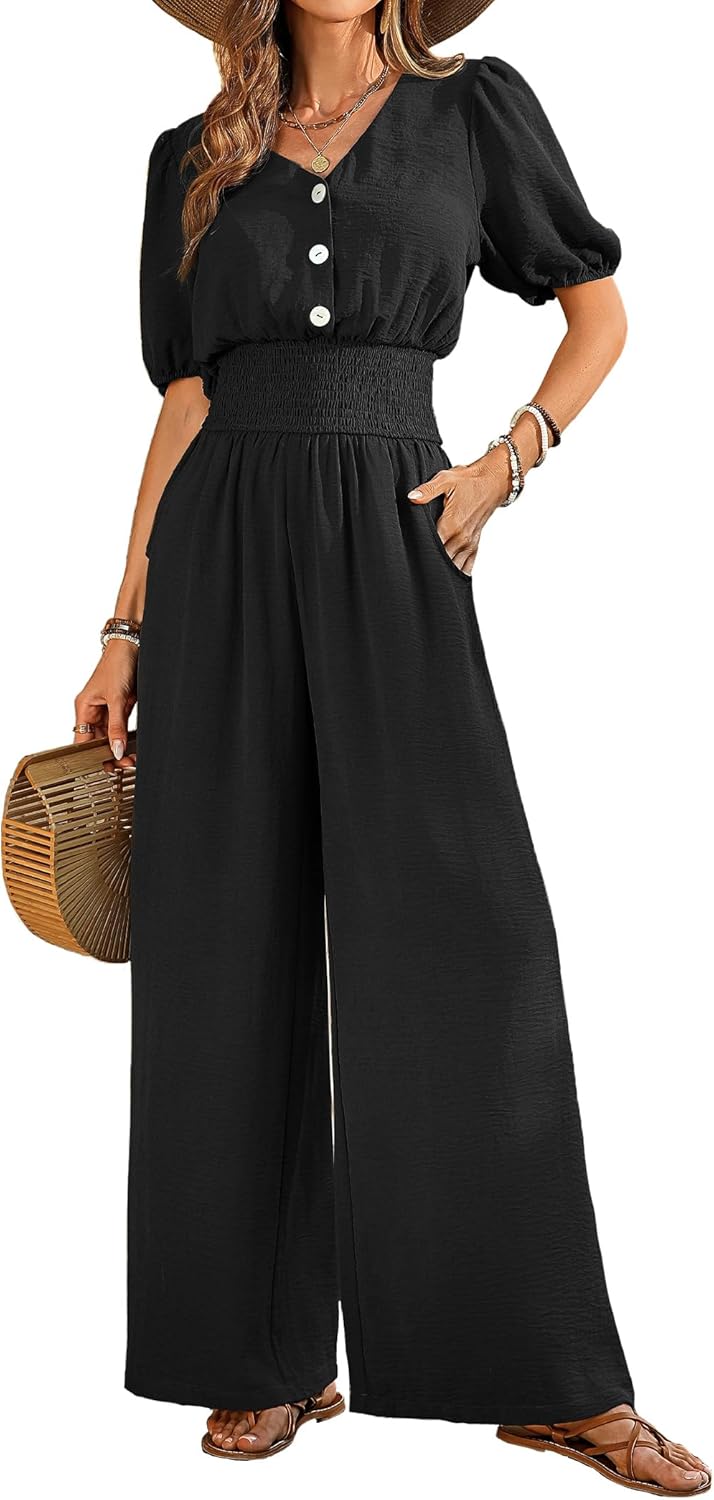 LOOKBOHO Womens Jumpsuits Short Sleeve V Neck Dressy Casual Wide Leg Pants Romper 2026 Summer One Piece Outfits