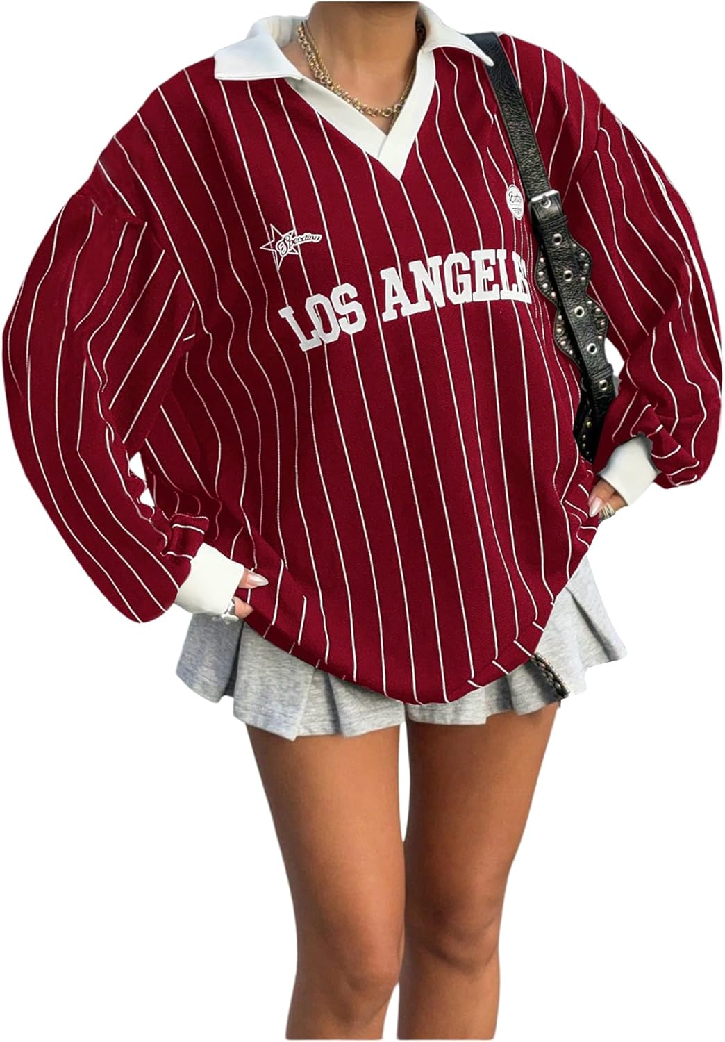 SOLY HUX Women's Oversized Tees Striped Letter Print Y2k Jersey T Shirt Collar V Neck Long Sleeve Loose Tops