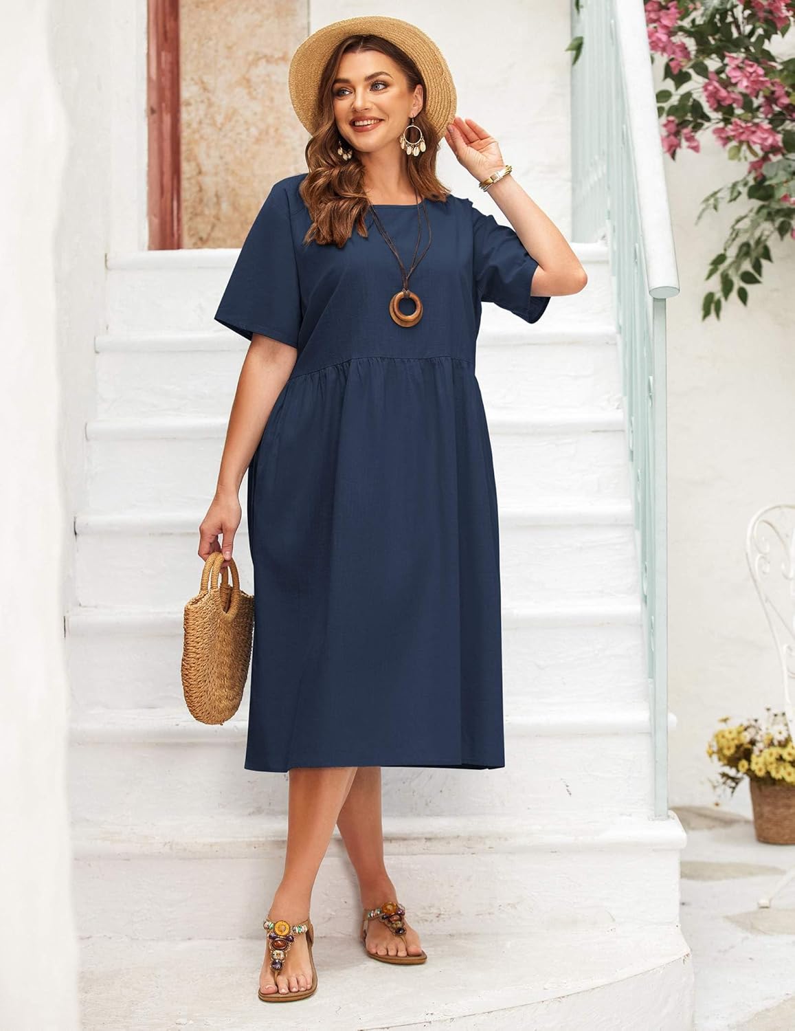 IN'VOLAND Plus Size Cotton Linen Dresses for Women Short Sleeve Summer Midi Dress with Pockets - Image 5