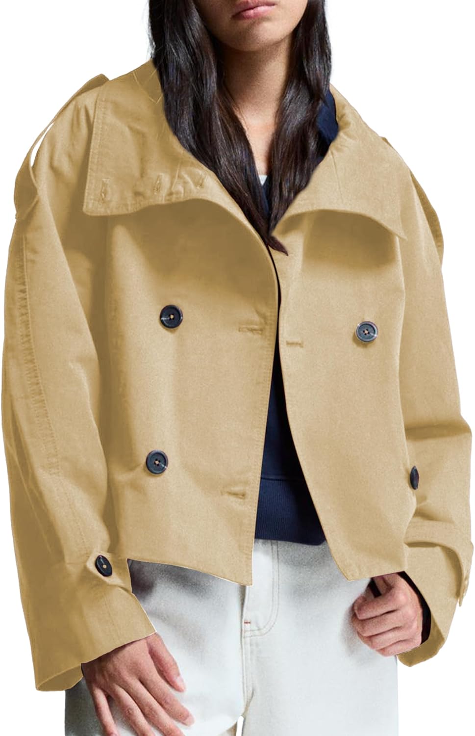 Women's Cropped Trench Coat Double Breasted Short Jacket High Collar Fall Winter Coats Trendy Outfit with Belt - Image 4