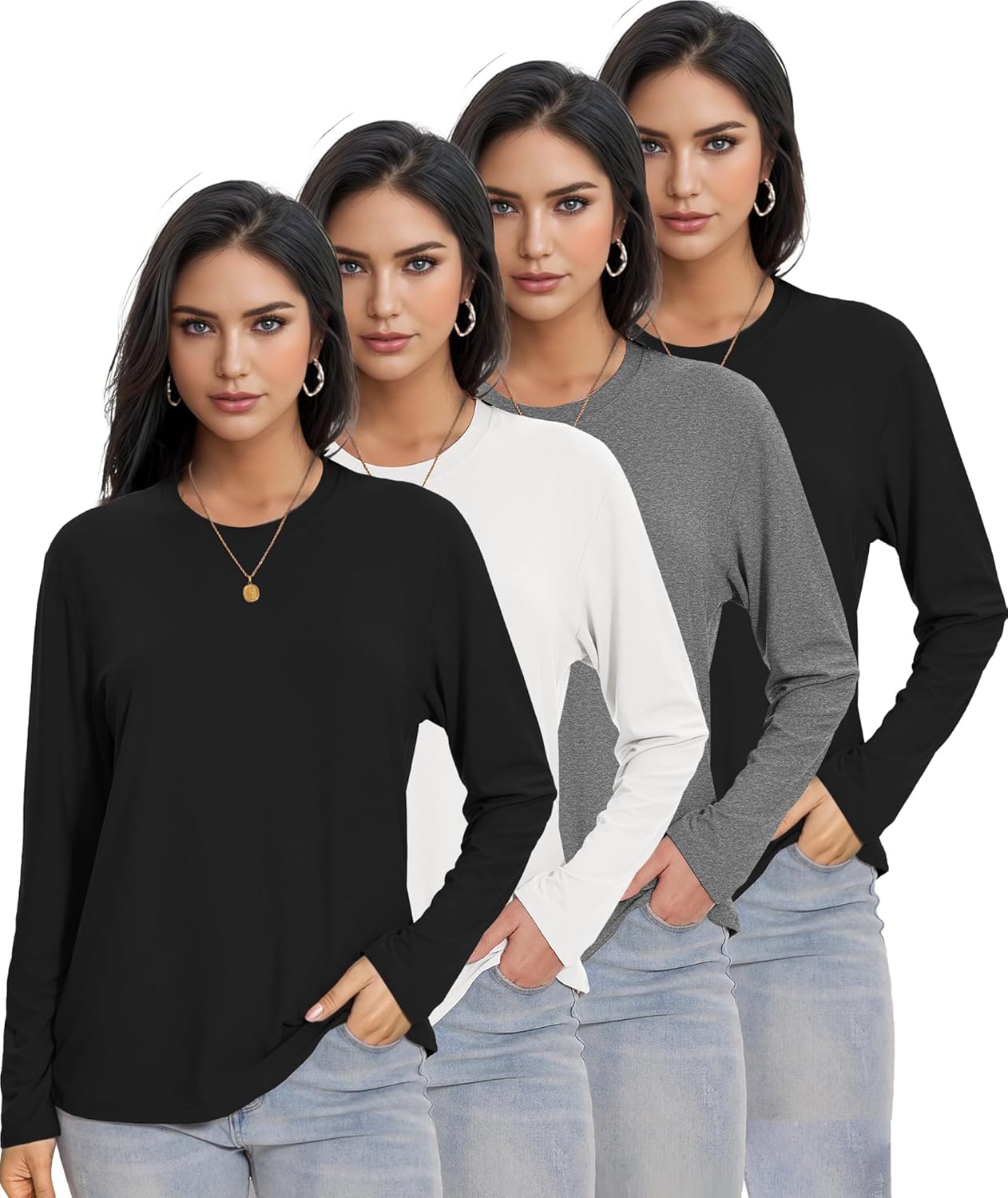 Kinglaman 4 Pack Womens Long Sleeve Shirts Tops Loose Fit Basic Crew Neck Tee T Shirts Ultra Soft Blouses Tops
