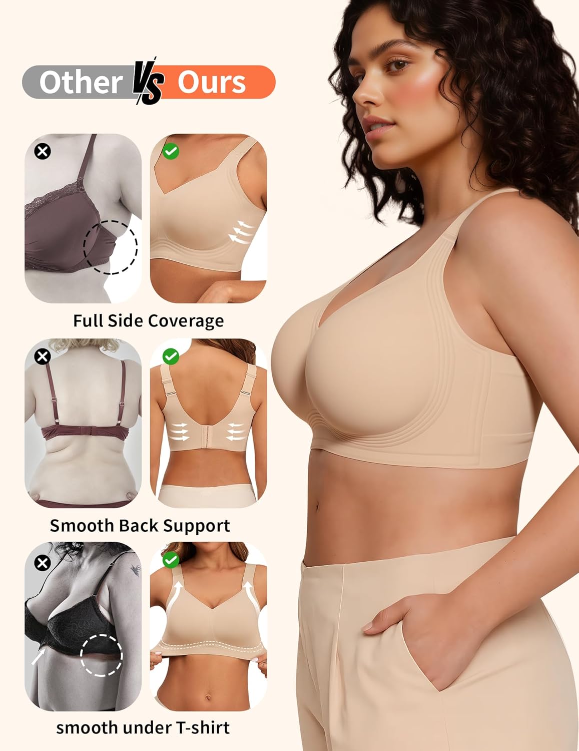 PoseFree Womens Seamless Wireless Supportive Bra Push Up Comfort Soft No Underwire Full Coverage T-Shirt Bra - Image 4