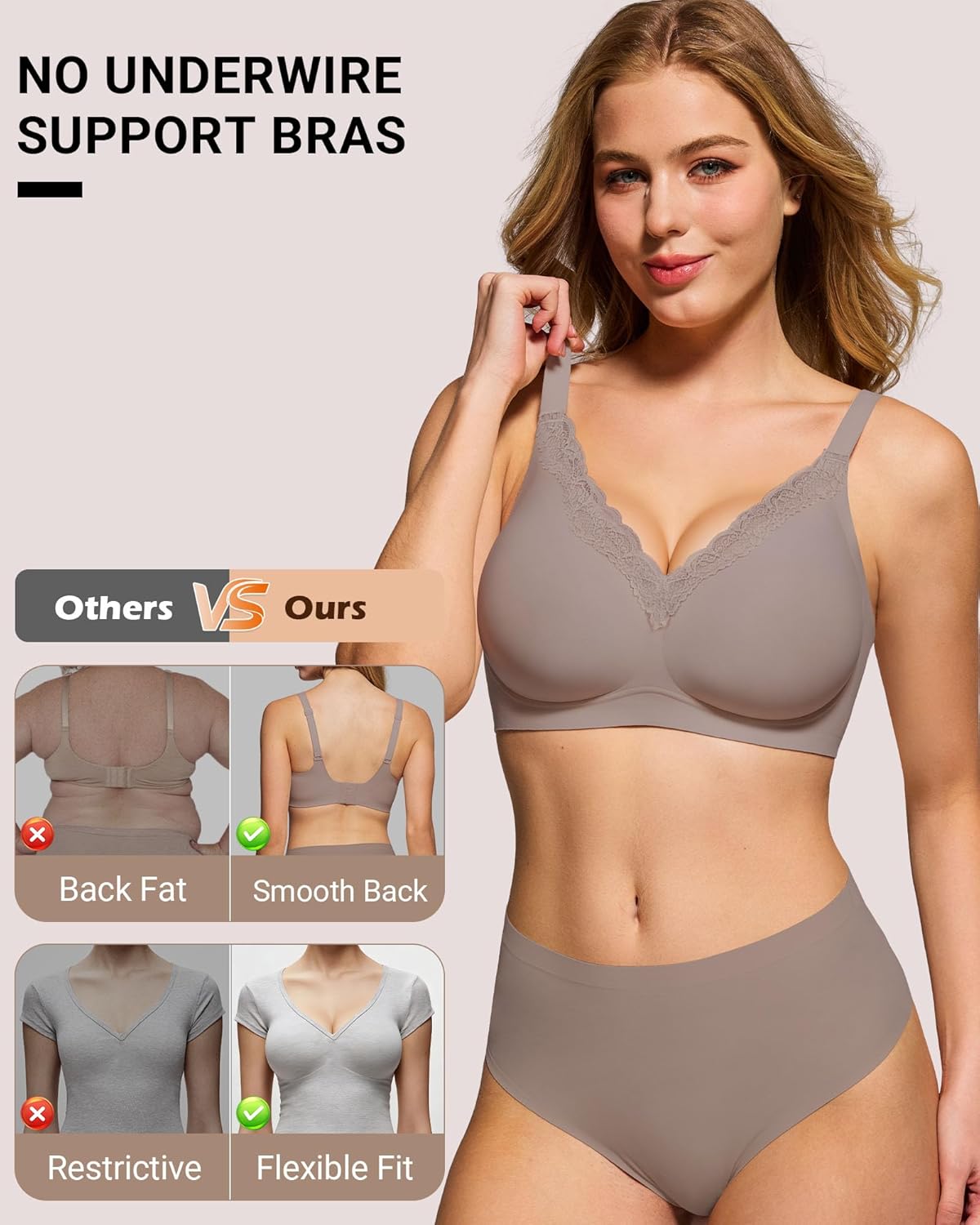 HORISUN Wireless No Underwire Bra for Women V-Neck Lace Trim Jelly Supportive Seamless Bra Comfortable Tshirt Bralette - Image 5