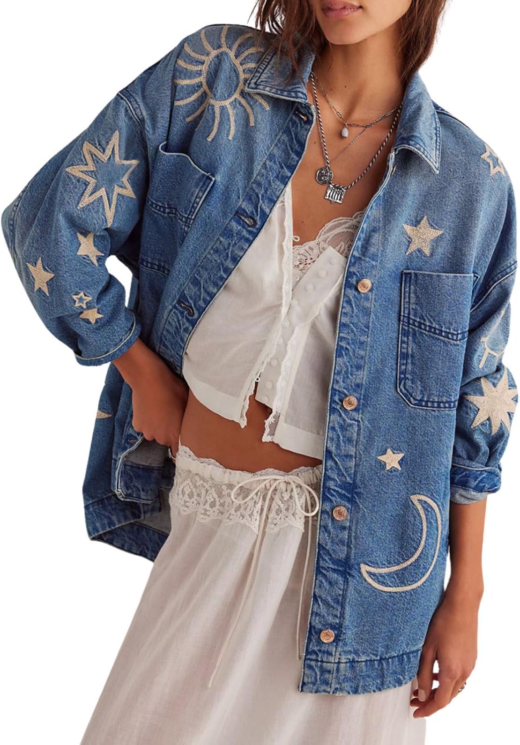 utcoco Women's Vintage Oversized Denim Jacket Embroidered Graphic Casual Loose Fit Button Down Jean Jacket