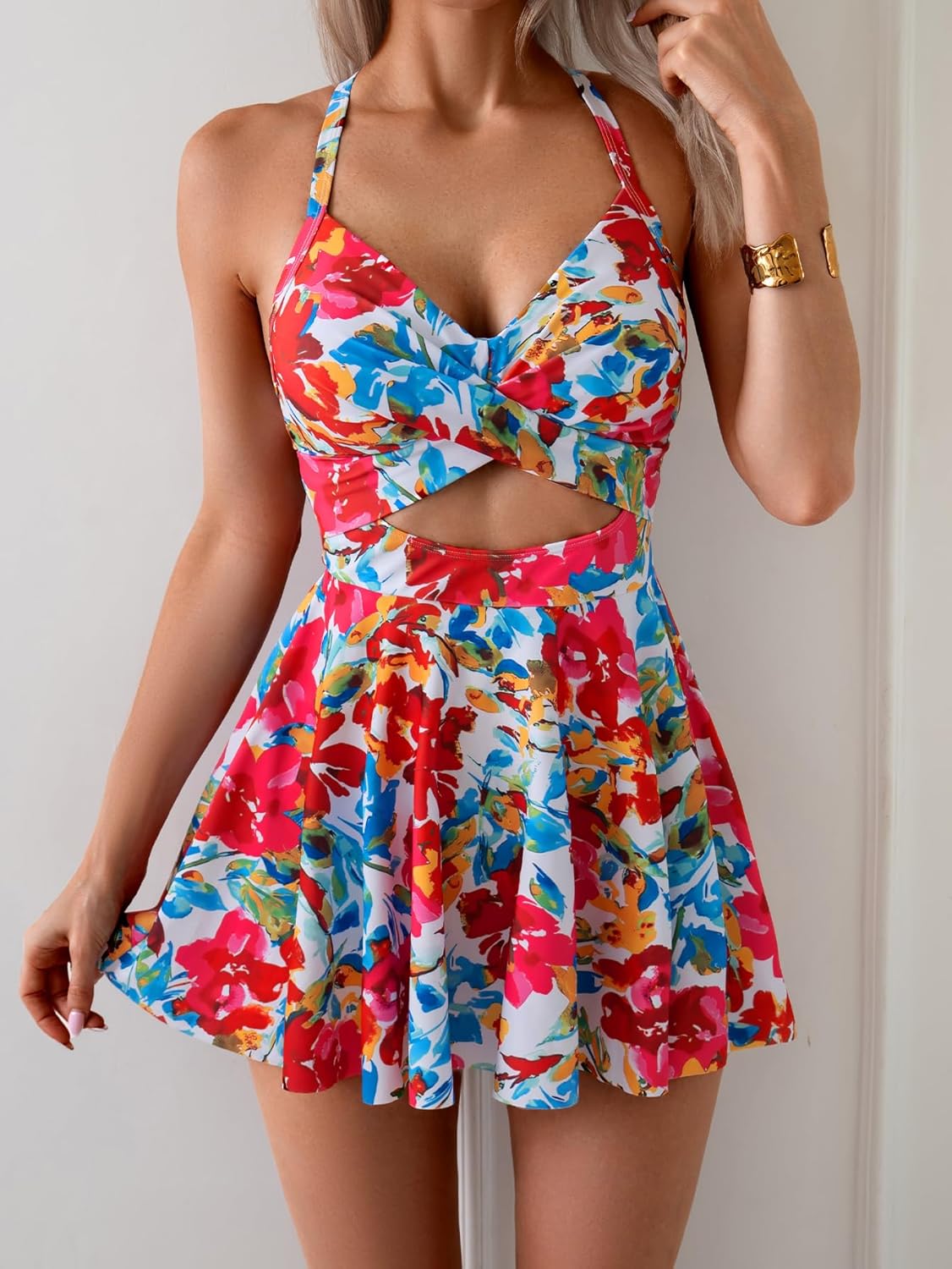 B2prity Women Cutout One Piece Skirt Swimsuit V Neck Wrap Tie Back Swimdress Tummy Control Bathing Suits Slimming Swimwear - Image 4