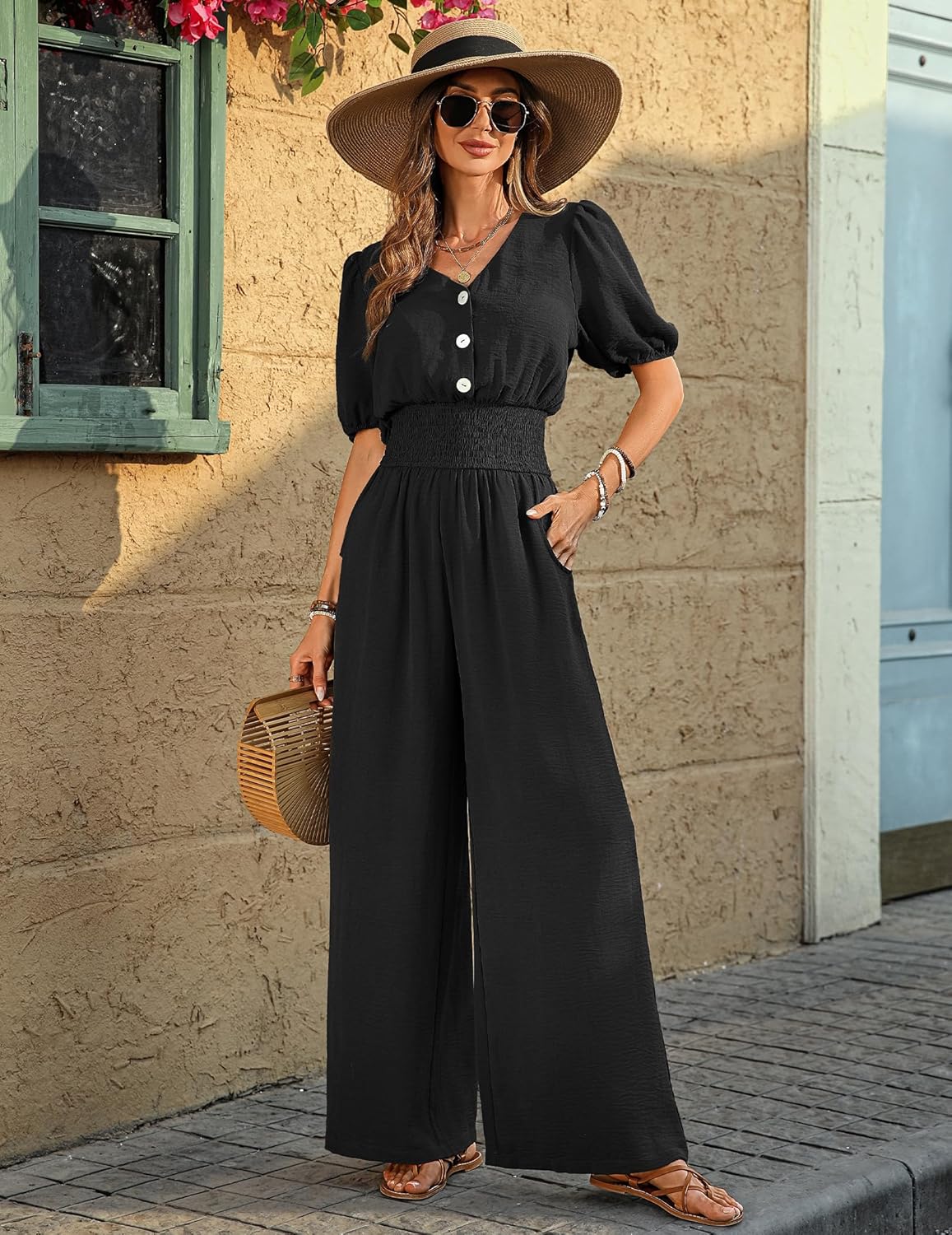LOOKBOHO Womens Jumpsuits Short Sleeve V Neck Dressy Casual Wide Leg Pants Romper 2026 Summer One Piece Outfits - Image 7