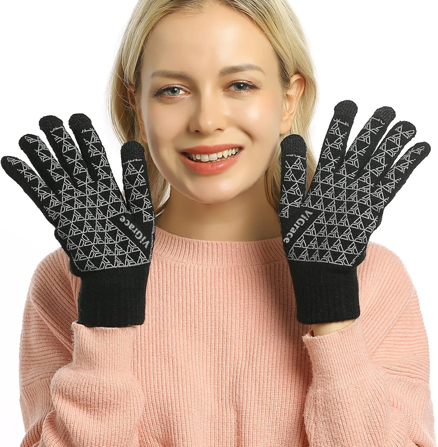ViGrace Winter Warm Touchscreen Gloves for Men and Women Touch Screen Fleece Lined Knit Anti-Slip Wool Glove - Image 7