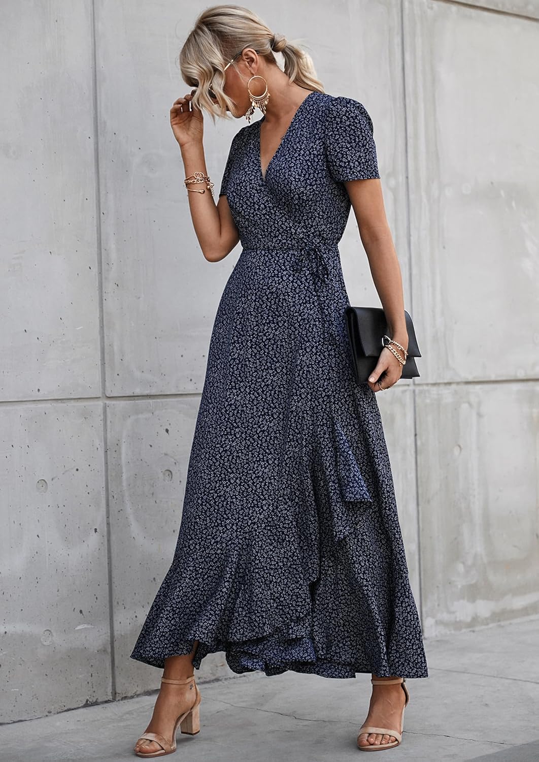 PRETTYGARDEN Women's Boho Floral Maxi Dress Summer Short Sleeve Wrap V Neck Long Flowy Beach Vacation Wedding Guest Dresses - Image 3