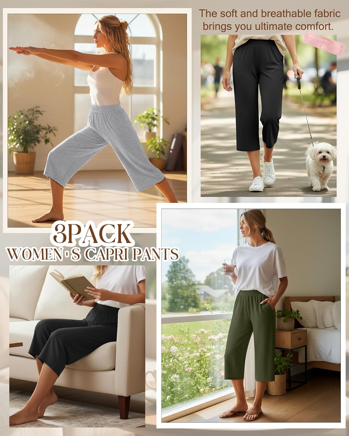 Huukeay 3 Pack Women's Capri Sweatpants Cozy Wide Legs Cropped Capri with Pockets Lounge Jogger Pants Workout Yoga Solid - Image 2