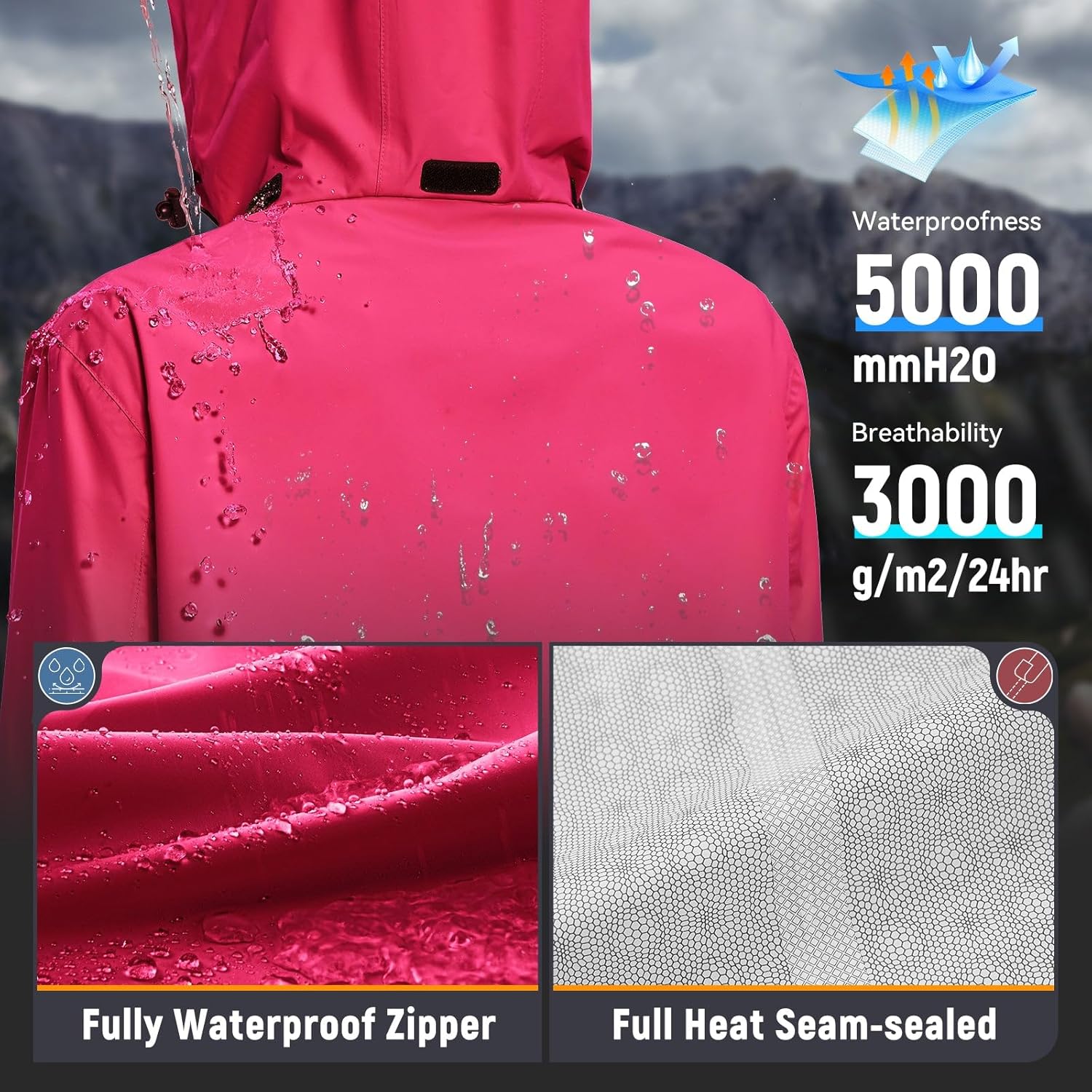 baleaf Women's Long Rain Coat Packable Waterproof Windbreaker Lightweight Cycling Jacket with Hood - Image 6