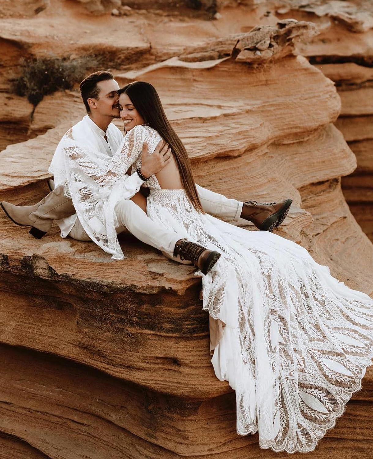 Women's Halter Lace Wedding Dress Removable Bell Sleeves High Slit A Line Long Informal Beach Bridal Gowns - Image 5