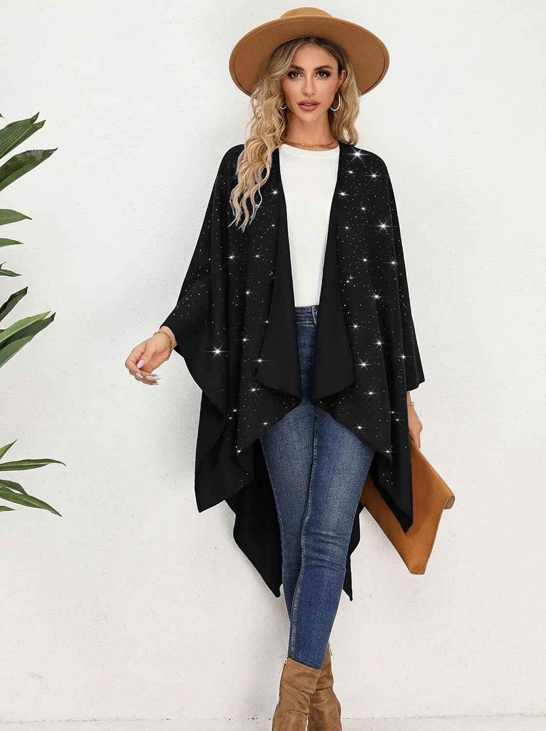 Womens Rhinestones Open Front Poncho Shawl Wrap Cape Ruana Travel Blanket Cardigan - Image 4