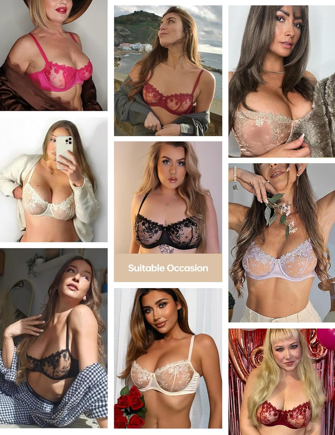 Wingslove Women's Sexy Lace Bra Demi Sheer Mesh Balconette See Through Bralette Unlined Underwire Embroidered - Image 5