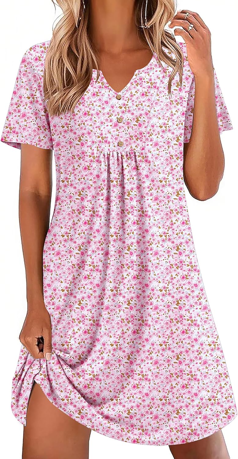 Ekouaer Nightgowns for Women Cotton Night Gowns Pleated Nightshirts Henley V Neck Sleepshirts Short Sleeve Sleepwear