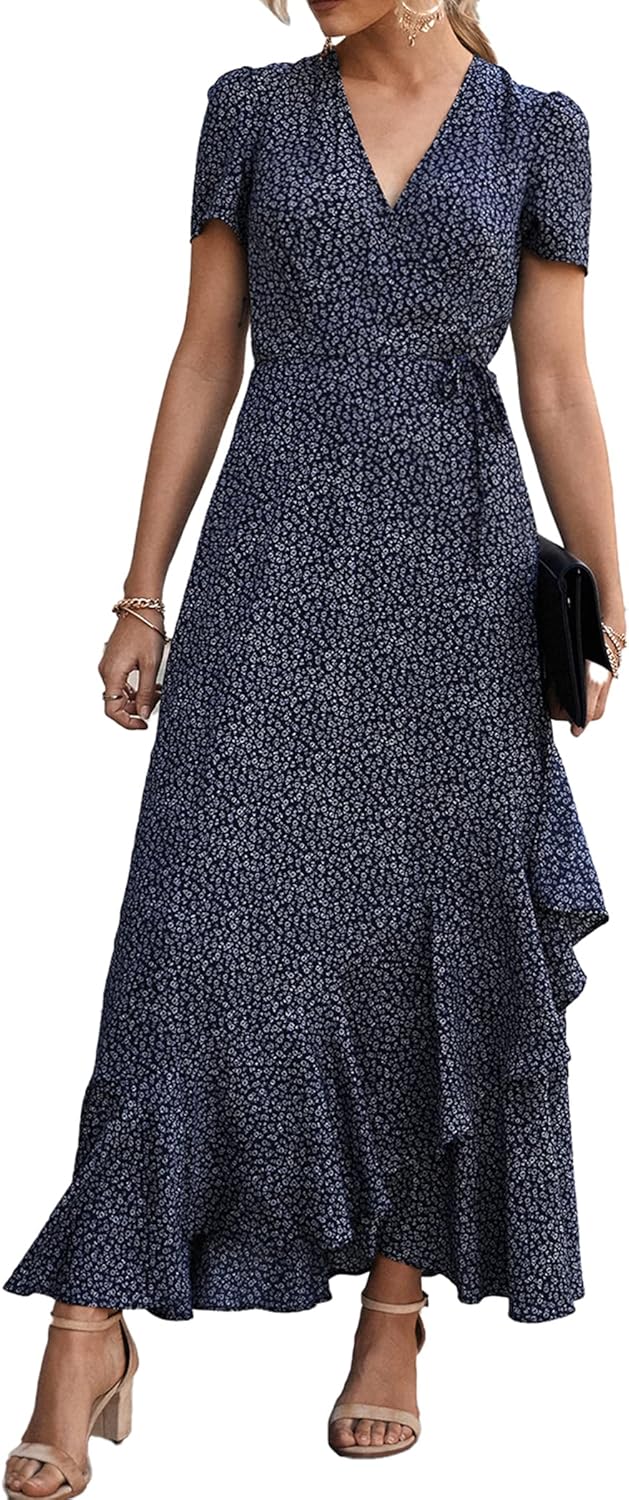 PRETTYGARDEN Women's Boho Floral Maxi Dress Summer Short Sleeve Wrap V Neck Long Flowy Beach Vacation Wedding Guest Dresses