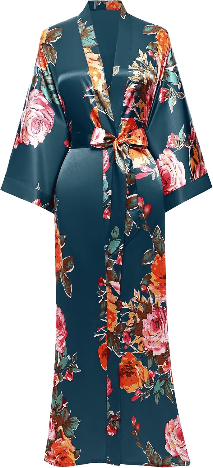 BABEYOND Women's Kimono Robe Long Satin Silky Floral Lightweight Bridesmaid Wedding Bachelorette Party Robe