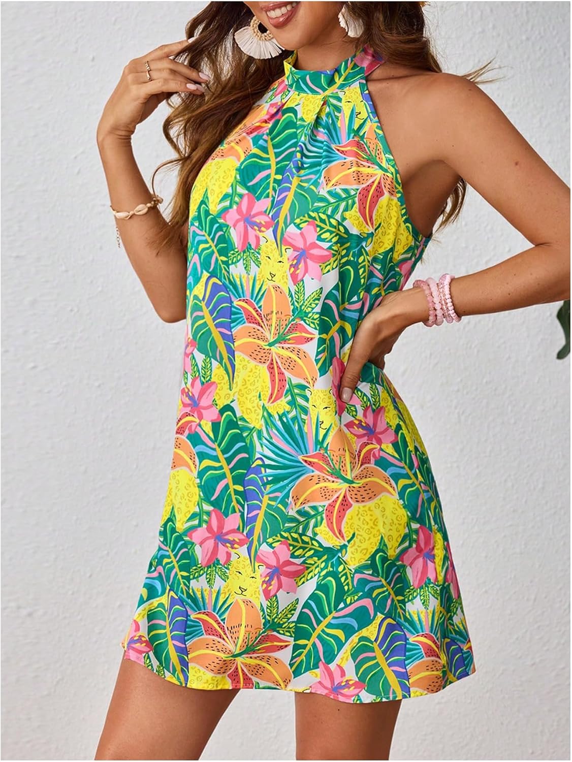 Floerns Women's Sleeveless Floral Print Sundress Halter Neck A Line Short Dress - Image 3