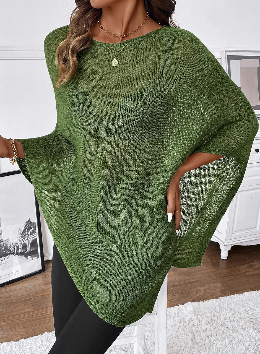 SHEWIN Womens Sheer Knit Poncho Crochet Summer Tops See Through Mesh Spring Sweaters Beach Cover Ups for Women 2026 - Image 6