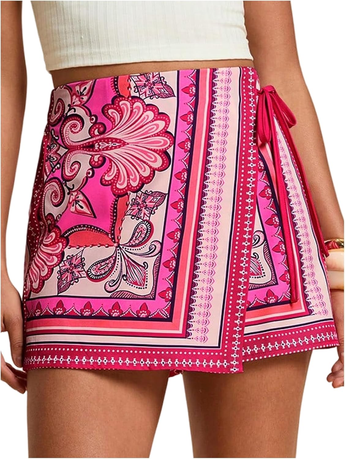SweatyRocks Women's Boho Mini Skirts Floral Shorts Tie Side Wrap Elastic Waist Summer Skorts Beach Vacation Outfits