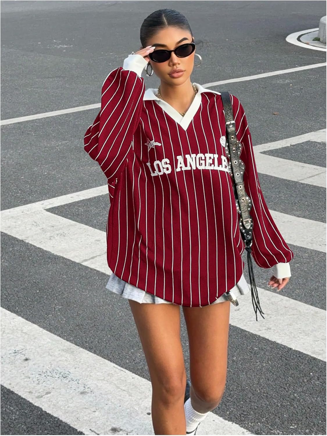 SOLY HUX Women's Oversized Tees Striped Letter Print Y2k Jersey T Shirt Collar V Neck Long Sleeve Loose Tops - Image 6