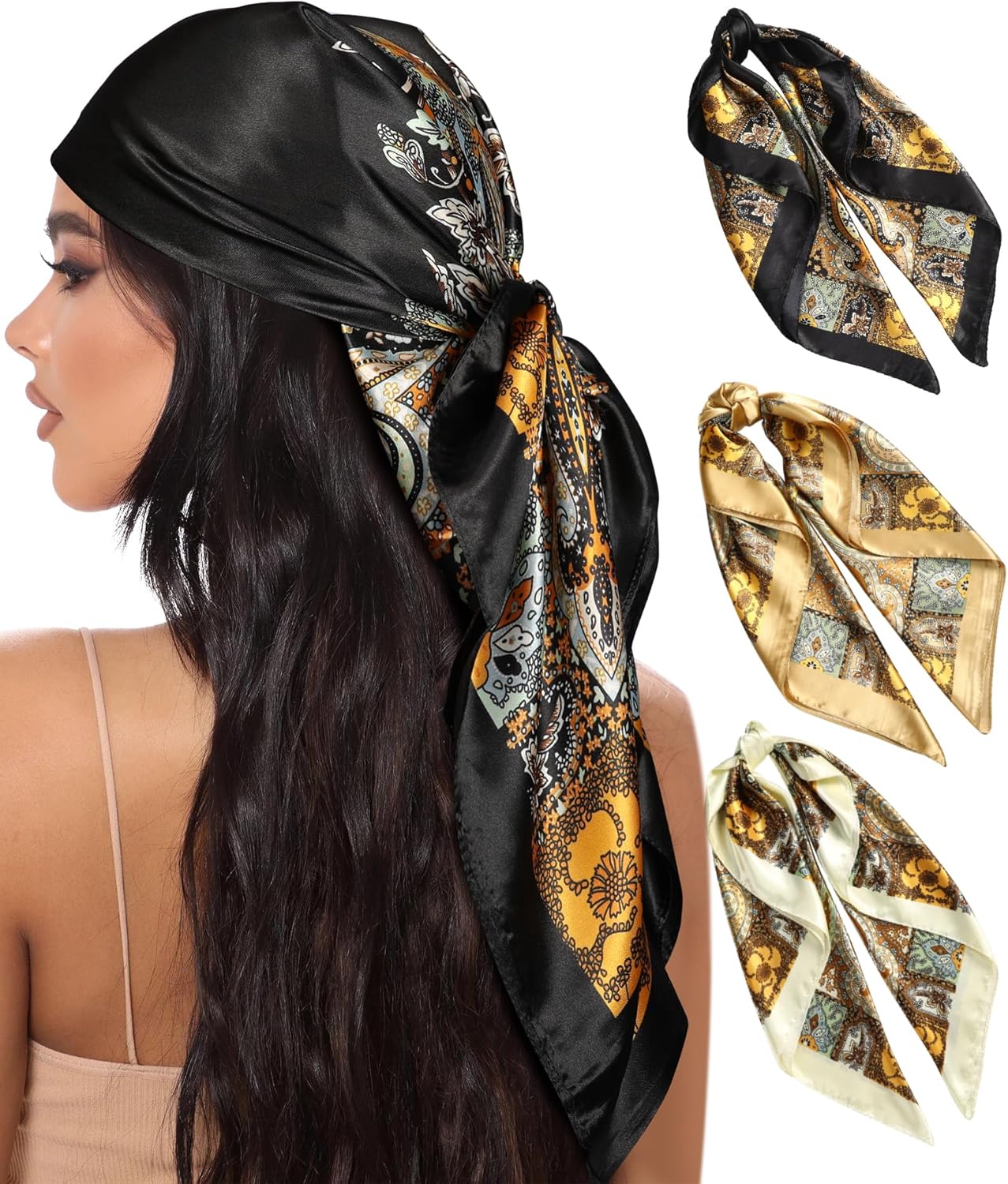 AWAYTR 35” Large Square Satin Head Scarf - 3Pcs Satin Hair Scarves Silk Bandana Scarf Headscarf Silk Feeling Scarf for Women