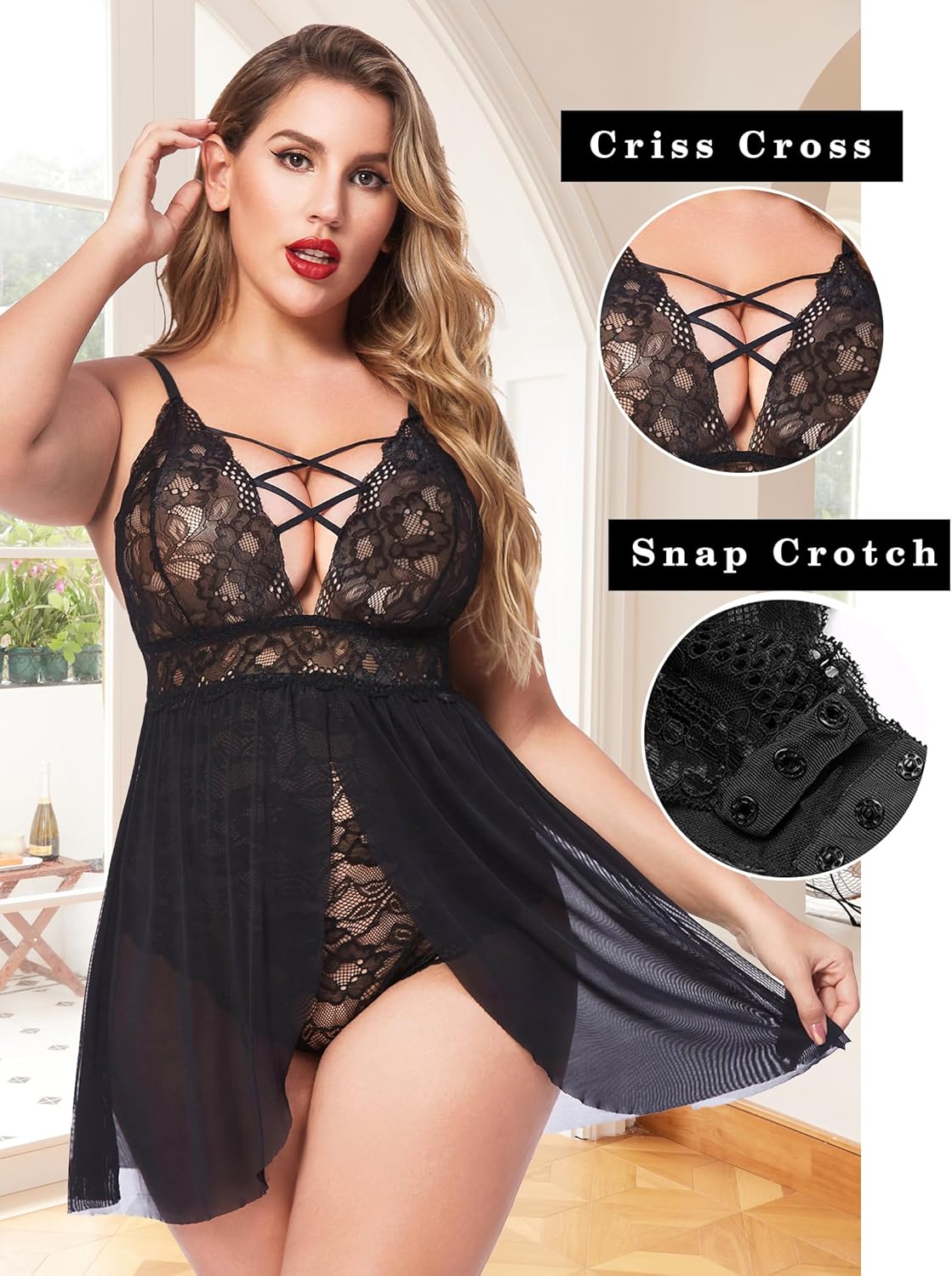 Avidlove Plus Size Babydoll Womens Snap Crotch Lingerie V Neck Lace Nighty Sleepwear L-5XL - Image 2