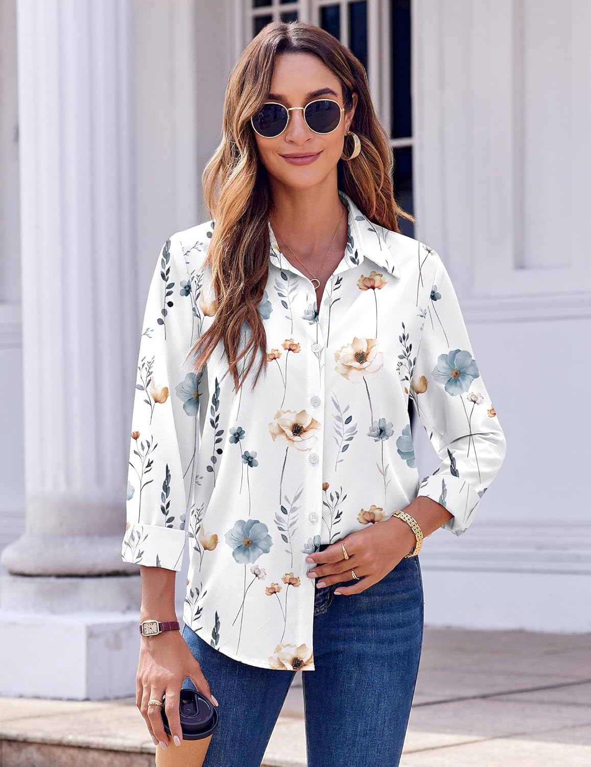Zeagoo Button Down Shirts for Women Dressy Floral Printed Long Sleeve Blouse Business Casual Work Tops - Image 4