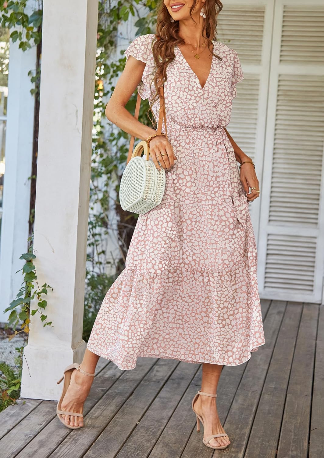 PRETTYGARDEN Women's Summer Floral Boho Maxi Dress Short Sleeve Wrap V Neck Ruffle Long Flowy Beach Wedding Guest Dresses - Image 5