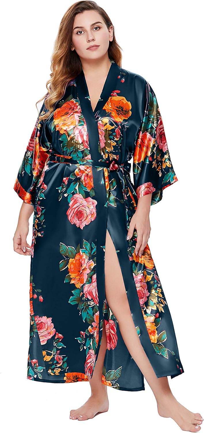 BABEYOND Women's Kimono Robe Long Satin Silky Floral Lightweight Bridesmaid Wedding Bachelorette Party Robe - Image 4