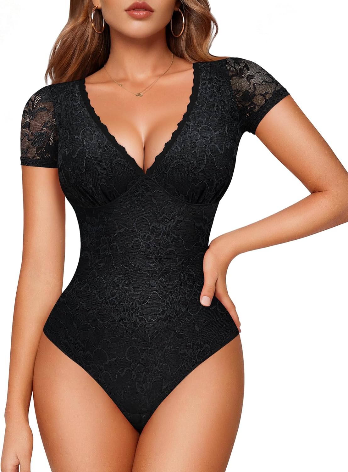 LODAY Lace Bodysuit Short Sleeve Bodysuit for Women Deep V Neck Body Suits Double Lined Bodysuit Slim Fit