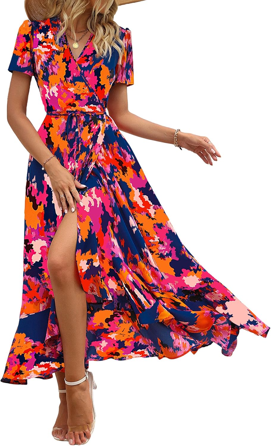 PRETTYGARDEN Women's Boho Floral Maxi Dress Summer Short Sleeve Wrap V Neck Long Flowy Beach Vacation Wedding Guest Dresses
