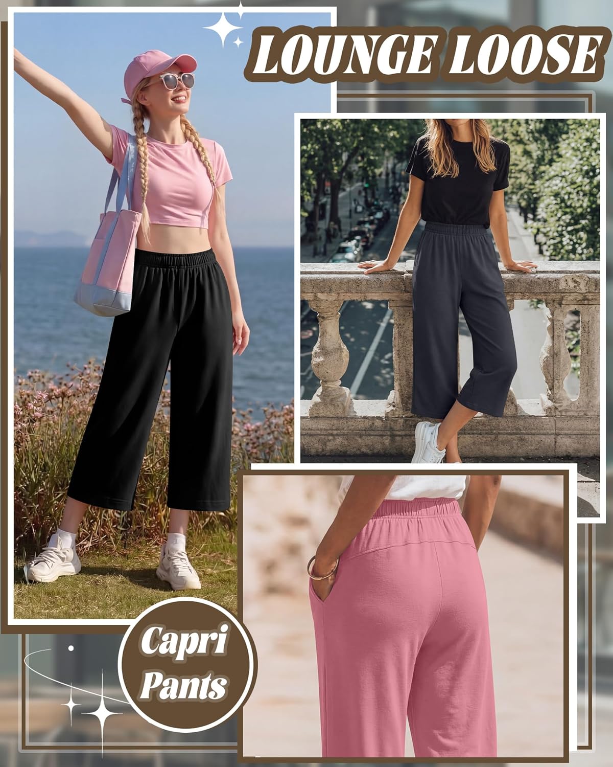 3 Pack Women's Capri Pants Wide Leg Lounge Sweatpants Casual Loose Summer Yoga Workout Cropped Jogger with Pockets - Image 2