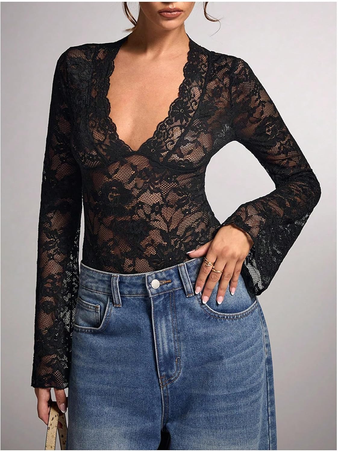 OYOANGLE Women's Mesh Sheer Floral Lace Bodysuits Deep V Neck Bell Long Sleeves Leotards Bodysuit Top Slim Fit Jumpsuit - Image 5