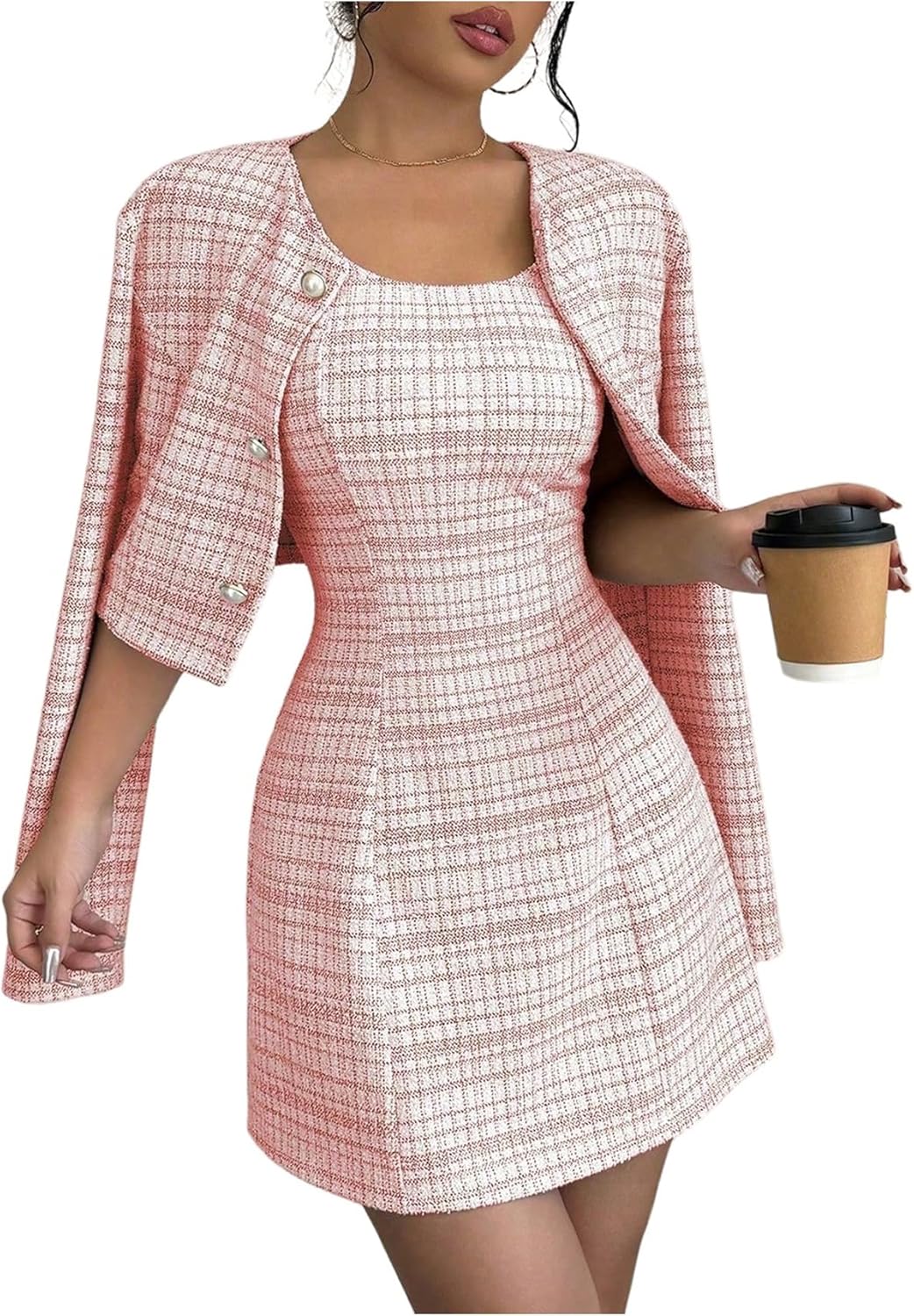SOLY HUX Women's 2 Piece Outfits Plaid Long Sleeve Button Down Cropped Jacket and Sleeveless Mini Dress Sets