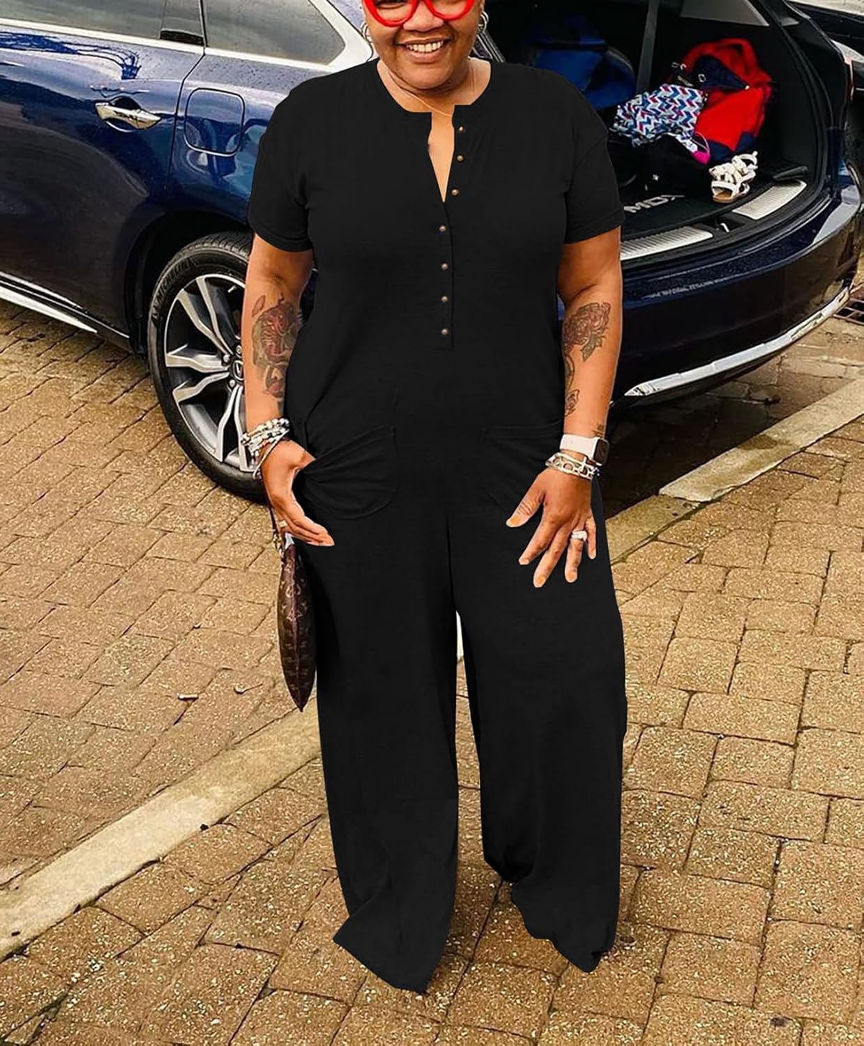 YeGine Plus Size Women Short Sleeve Loose Jumpsuit Casual Rompers One Piece Button Up Wide Leg Jumpsuits - Image 3