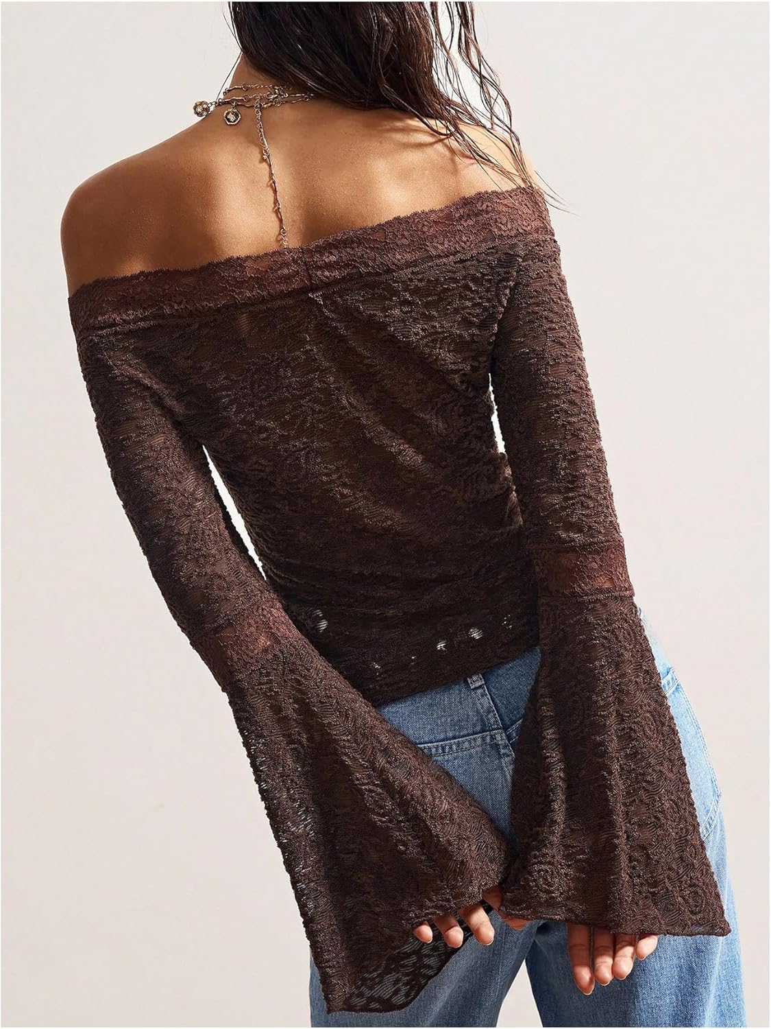 BEAUDRM Women's Off The Shoulder Top Boho Western Y2k Bell Sleeve Foral Lace Sheer Mesh Fitted T Shirts Spring Tops - Image 2