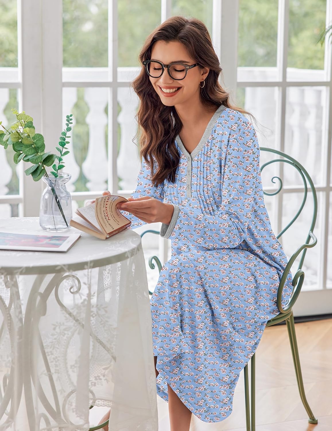 Ekouaer Women's Long Sleeve Nightgown Full Length Sleepwear Long Sleepshirts Henley Sleep Dress - Image 2
