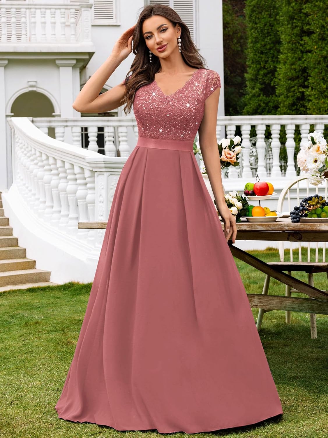 Miusol Women's Elegant V-Neck Cap Sleeve Sequined Floral Lace Formal Party Maxi Dress - Image 3