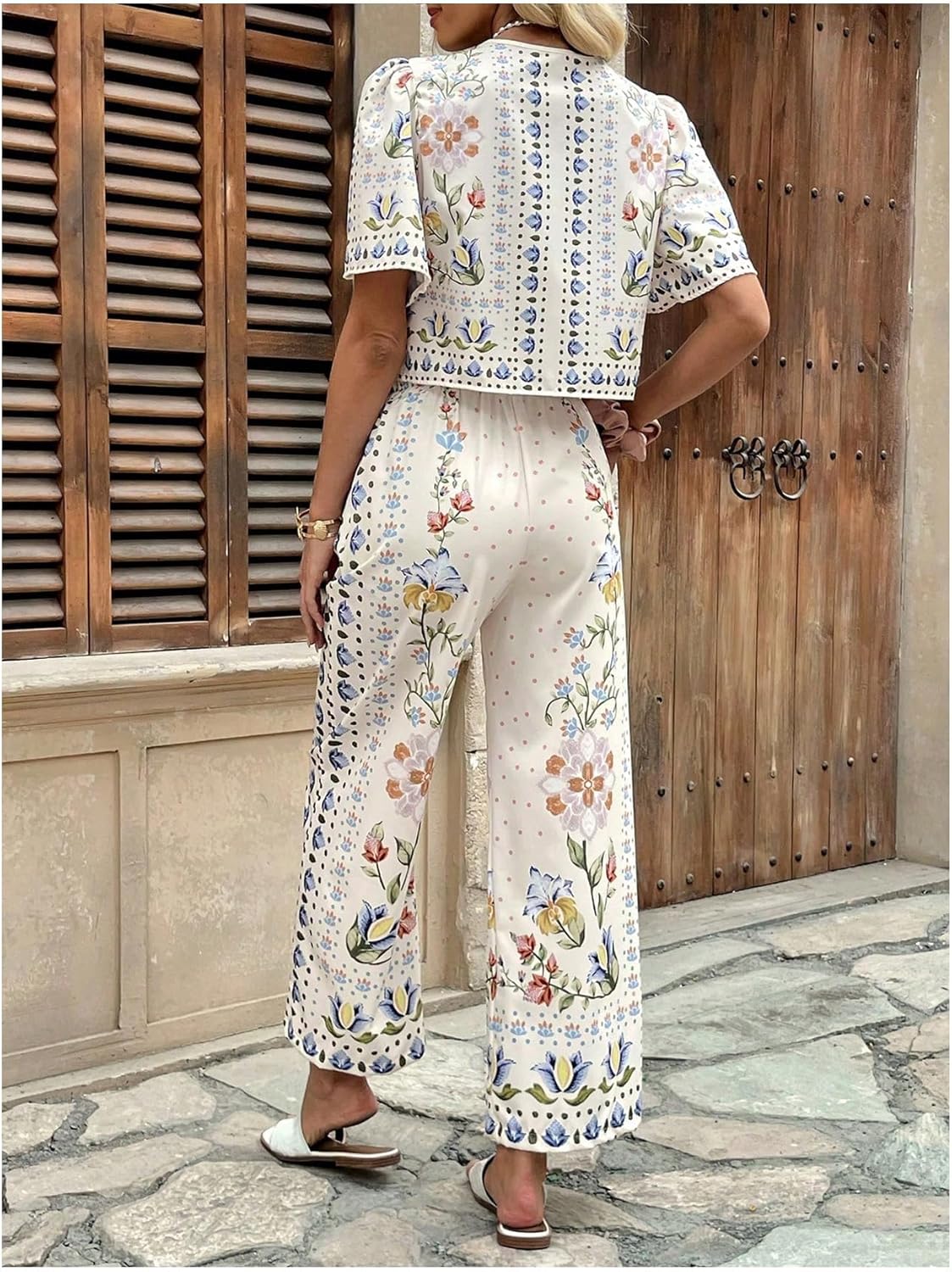 WDIRARA Women's Boho Floral 2 Piece Palazzo Pants Set Short Sleeve Tie Front Blouse Wide Leg Pants Vacation Outfits - Image 2