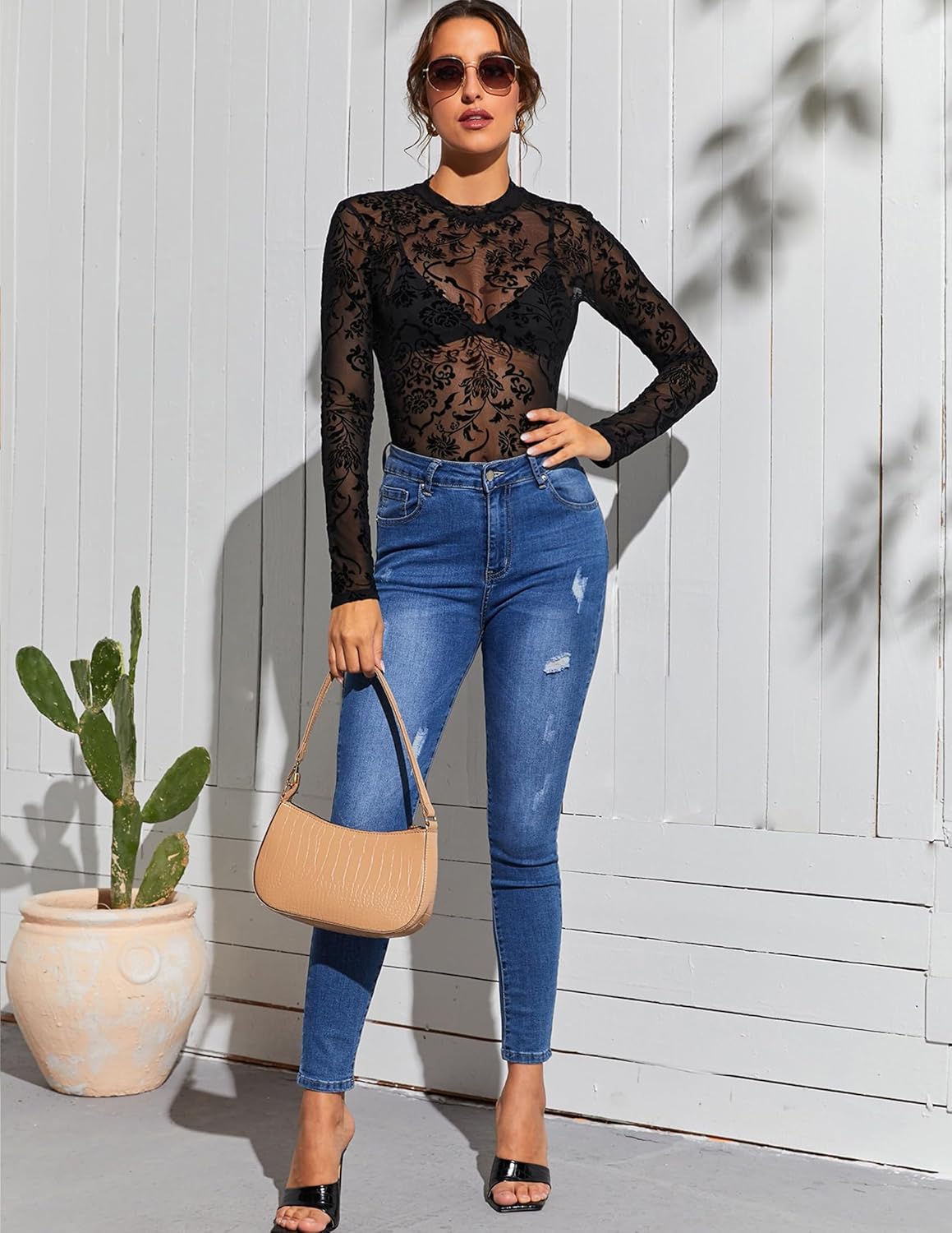 Avidlove Womens Mesh Long Sleeve Bodysuit Round Neck Sheer Leotards Geo Print Bodysuit Top with Snap Crotch - Image 6