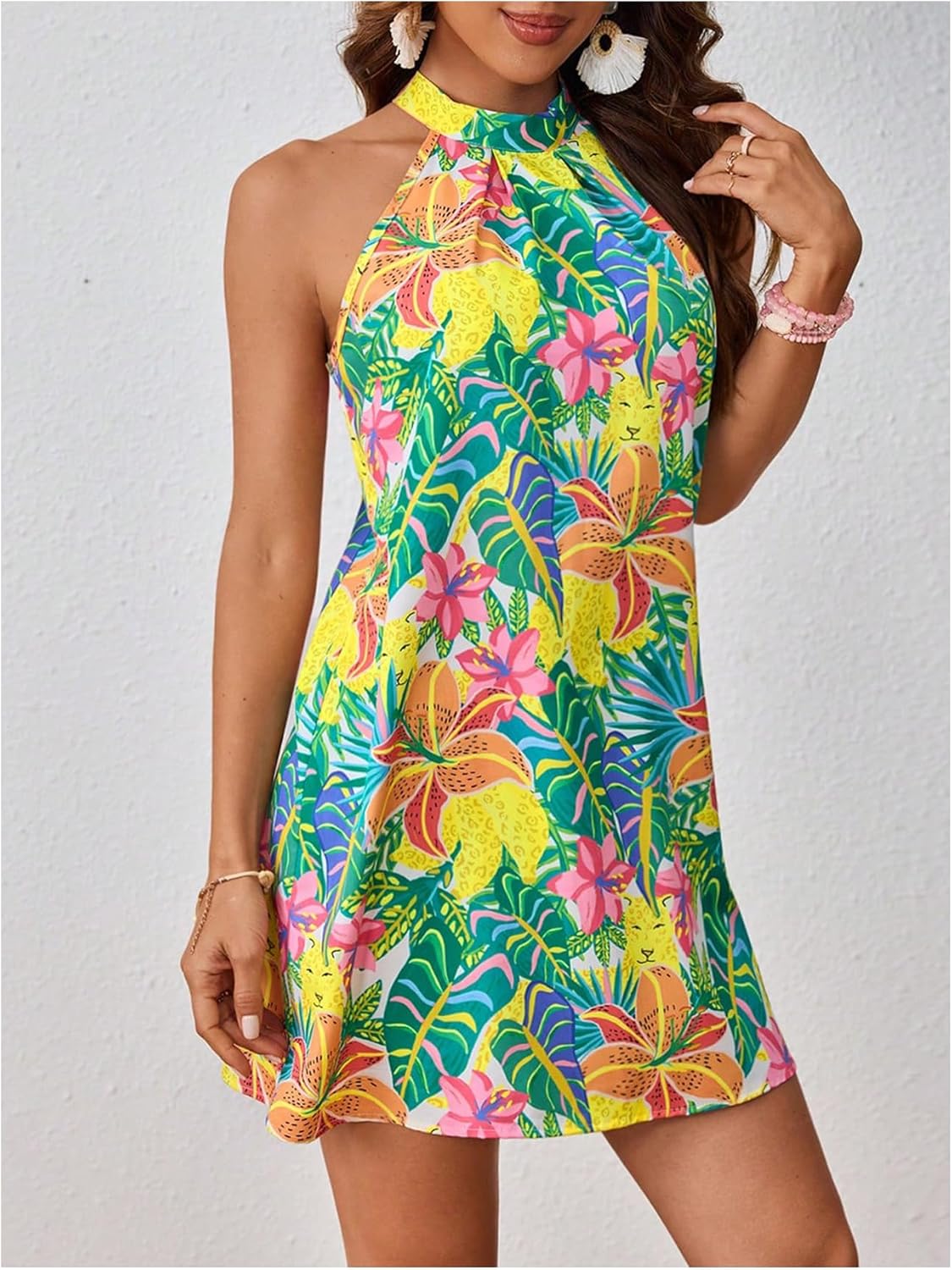 Floerns Women's Sleeveless Floral Print Sundress Halter Neck A Line Short Dress - Image 4