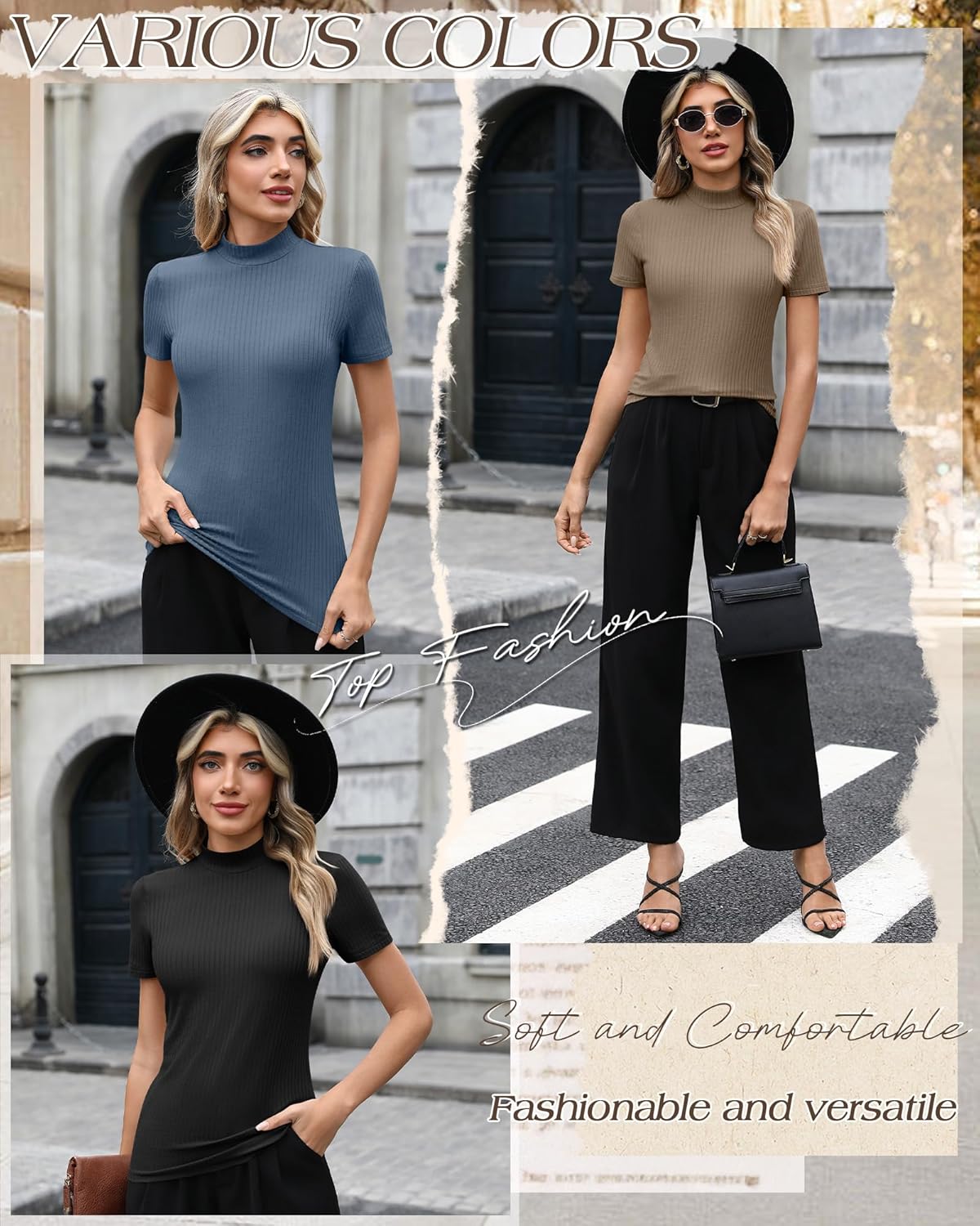 3 Pack Women Mock Turtleneck Shirts Short Sleeve Ribbed Lightweight Basic Layering Cotton Tops Slim Fit Tunic Tees - Image 5