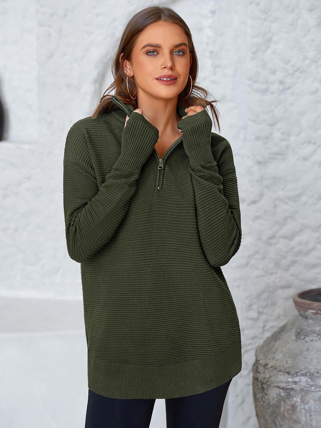 PRETTYGARDEN Womens Long Sleeve Quarter Zip Pullover Sweater Casual Loose V Neck Collared Ribbed Knit Jumper Tops Thumb Hole - Image 3