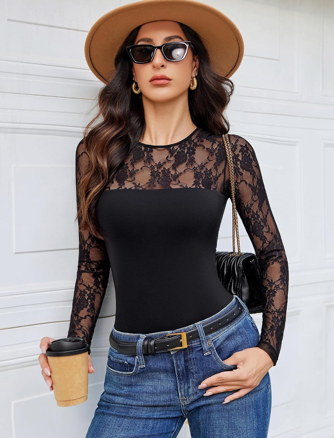 Avidlove Lace Long Sleeve Bodysuit for Women Crew Neck Body Suits Slimming Going Out Concert Tops Fall Outfits - Image 4