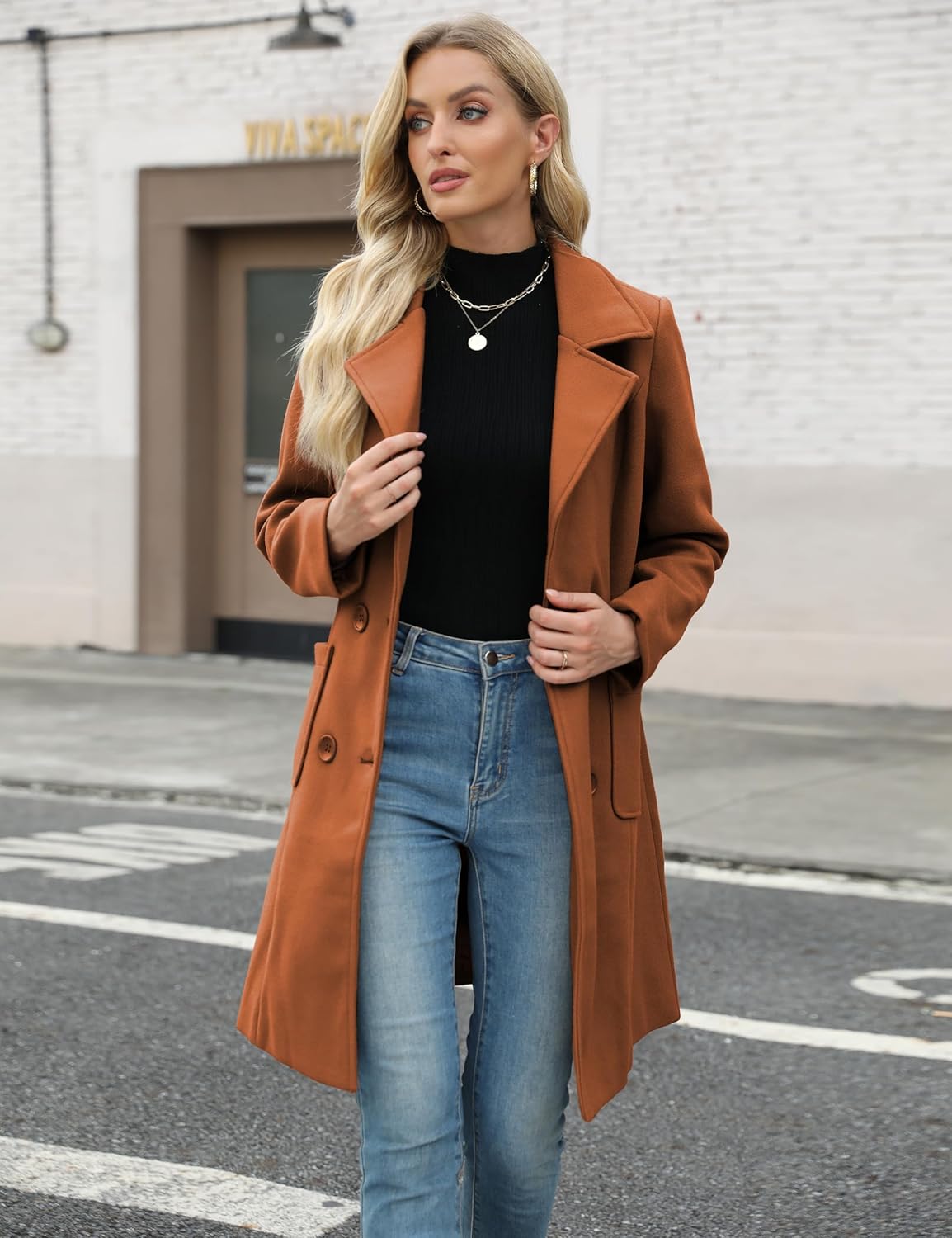 Bankeng Women Winter Wool Blend Camel Mid-Long Coat Notch Double-Breasted Lapel Jacket Outwear - Image 3