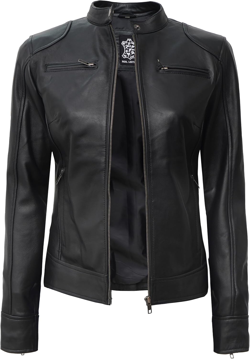 Blingsoul Womens Real Leather Jacket - Cafe Racer Style Leather Jacket Womens with Snap-Tab Collar - Image 3
