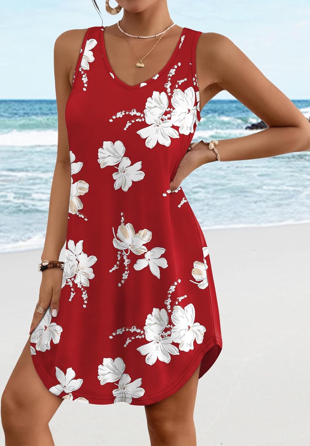 Aokosor Womens Summer Dresses 2026 Loose V Neck Sleeveless Dress Sundresses Swimsuit Coverup Vacation Outfits - Image 2